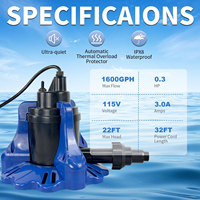 Pompe de retrait d'eau submersible automatique à haut débit de 0,3 CV pour couverture de piscine avec adaptateur de tuyau universel