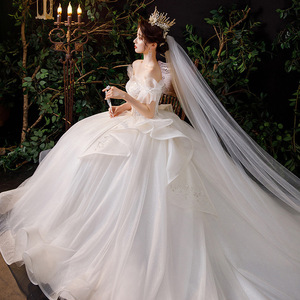 French Style Wedding Dress Off The Shoulder Ball Gown Tulle Long Train Princess Style Sweetheart Neckline Empire Waistline - Product Image 4