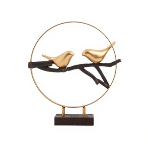 Home Decoration Accessories Round Ring With Brown Tree Trunk Golden Sitting Birds Sculpture Metal Decorative <b>Object</b> For Bedroom - Product Image 1