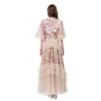 Robe longue élégante pour femme en tulle brodé floral, coupe trapèze, manches mi-longues, à volants superposés, tenue décontractée de soirée