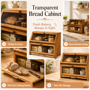CHOMECO Contenitore per Pane in Bambù a 2 Livelli con Tagliere Estraibile e Finestra <span class=keywords><strong>Trasparente</strong></span>, Grande Contenitore da Cucina a Doppio Strato - Product Image 2