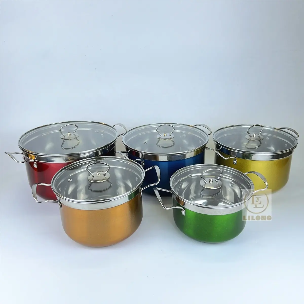 Conjunto de utensílios de cozinha de aço inoxidável 5 peças, conjunto de panelas coloridas com tampa de vidro, panela de cozinha com estoque, ideal para cozinhar