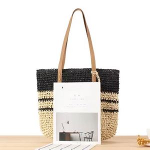 French Striped <b>Large</b> Capacity Woven Straw Tote <b>Bag</b> for Business Women New Color Contrast <b>Beach</b> <b>Bag</b> Embroidery Two Open - Product Image 6