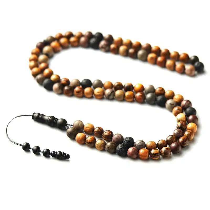 99 Beads 8mm Deslumbrante Artístico Jaspe Pedra de Lava Madeira Ébano Mala Grânulos de Oração Muçulmano Tasbih