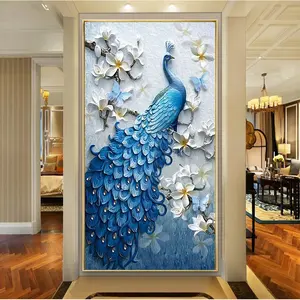 Hot Selling Modern Luxury Gold Blue Green Peacock Wall Art Hanging Painting Crystal Porcelain Painting Living Room