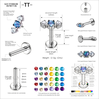 -TT- Titane ASTM F136 Or 16G à filetage interne, triple perles, zircon CZ, labret, hélix, conque, cartilage, tragus, dos plat