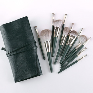 14Pcs Green Wood Handle Makeup Brush Set Powder Foundation Cosmetic Kit with Bag - Product Image 5