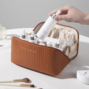 Bolsa de maquillaje con rayas verticales, estuche de almacenamiento de cosméticos portátil de gran capacidad para viaje, para mujer, color beige, gris, rosa, marrón, negro - Product Image 5