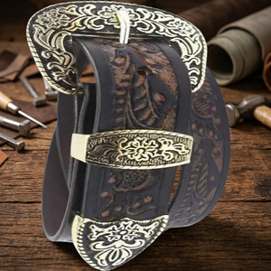 Hand <b>Tooled</b> Carving Genuine Leather <b>Belt</b> with Heavy Floral Carved Western Buckle Set Premium Brown Western Leather <b>Tooling</b> <b>Belt</b> - Product Image 2