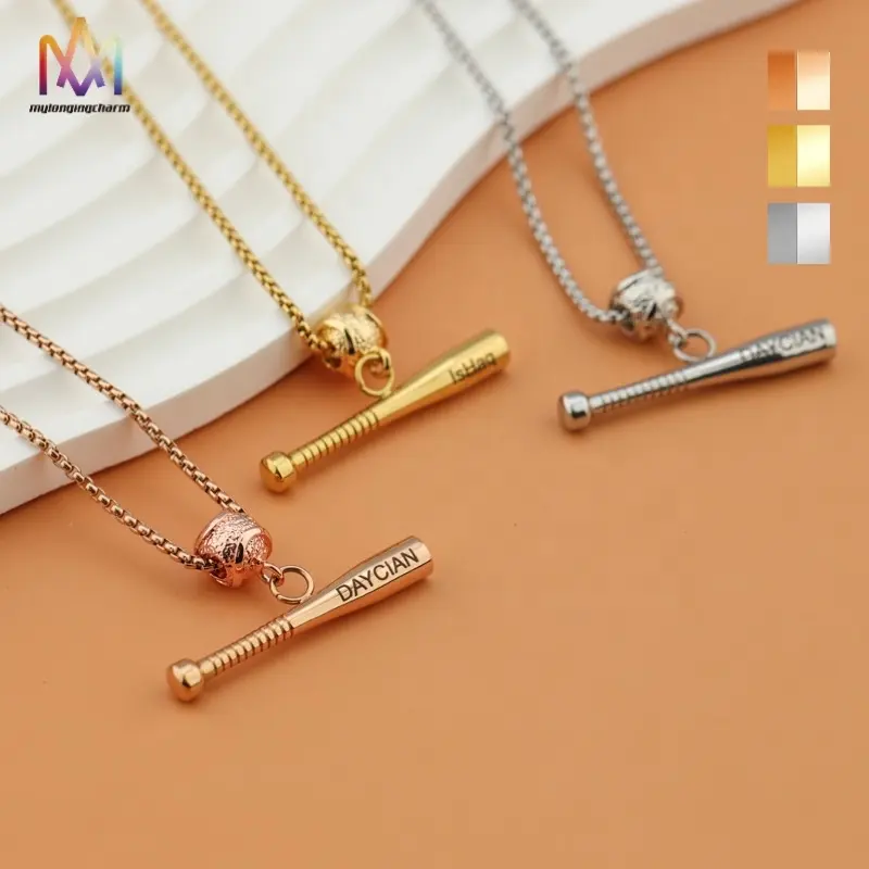 Personalized Gold Plated 3 Colors Baseball Pendant Stainless Steel Necklace