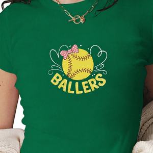 T-shirt court en tricot pour femme, coupe slim, imprimé softball, avec nœud rose, style Y2K - Product Image 1