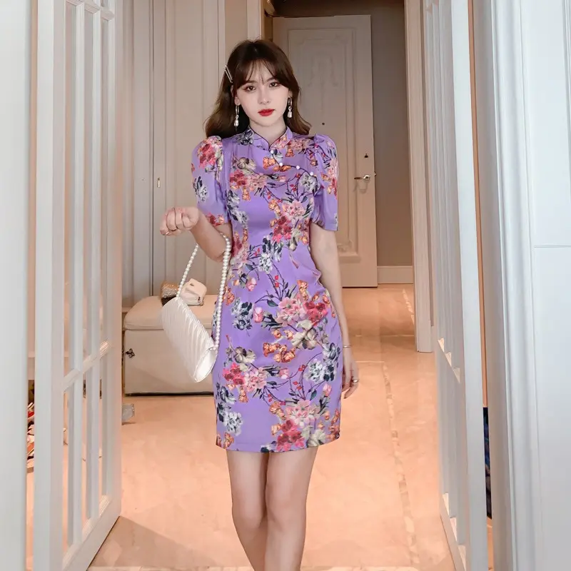 4060 Chinese style dress cheongsam slim high-waisted floral dresses throw back slit skirt dress cheongsam