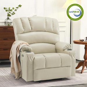 Sillón Reclinable Eléctrico Extra Grande Color Crema con Masaje Térmico, Puertos USB y Tipo C, Portavasos Grandes, Cuero Sintético R7092 - Product Image 3