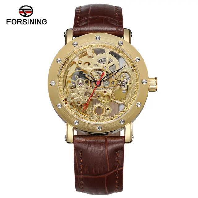 Forsining Skeleton Wristwatches Black Red Pointer Black Genuine Leather Belt Automatic Watches for Men Transparent Watch