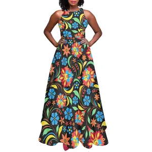 プラスサイズのメキシコの女性のドレス安い卸売メキシコの花ノースリーブビーチマキシドレス夏の花のカスタムプリント服
