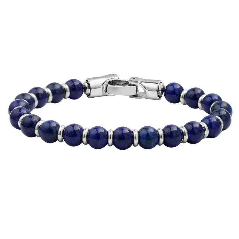 TIZETI BrACELET Men's Natural Lapis Lazuli Stone with Steel Clasp Round Beads Bracelet