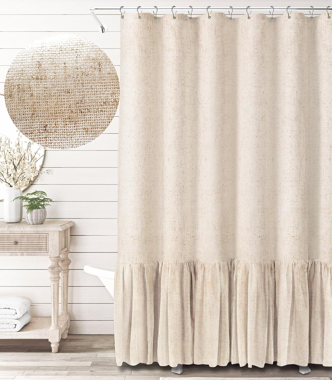 Farmhouse Beige Shower Curtain with a Ruffle Hem Linen Blend Shower Curtain for Bathroom Natural