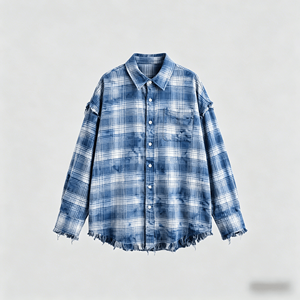 <span class=keywords><strong>Chemise</strong></span> en flanelle à carreaux surdimensionnée <span class=keywords><strong>pour</strong></span> <span class=keywords><strong>homme</strong></span> avec ourlet déchiré, style streetwear décontracté, manches longues, boutonnée - Product Image 1