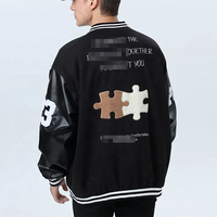 Blouson Bomber Homme Hiver Noir Personnalisé avec Logo Brodé sur Manches en Jean, Lettres Universitaires, Patch Chenille, Réversible, Séchage Rapide