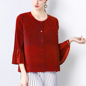 PY Primavera - Cárdigan Elegante y Transpirable para Mujer, Estilo Coreano, con Pliegues, Cuentas y Mangas Acampanadas, Holgado e Informal - Product Image 2