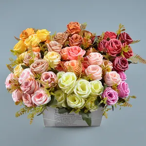 ช่อดอกไม้ผ้าไหมประดิษฐ์ดอกกุหลาบสำหรับตกแต่งงานแต่งงานช่อดอกไม้ทำจากผ้าไหม