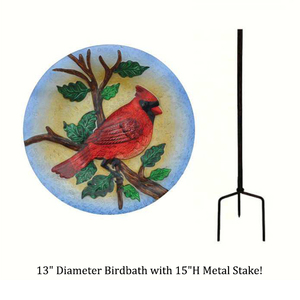 Bain/mangeoire pour oiseaux en verre fusionné Cardinal gaufré avec piquet de bain d'oiseaux à 3 broches en métal - Product Image 2