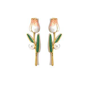 Pendientes de Flor de Tulipán, Chapados en Oro, Acero Inoxidable 316L con Perlas, Joyería de Moda - Product Image 1