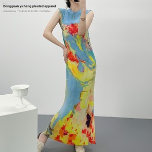 Robe Cheongsam Plissée Miyake en Polyester à Taille Haute et Col Rond, Coupe Sirène Amincissante Longue pour l'Été - Product Image 2