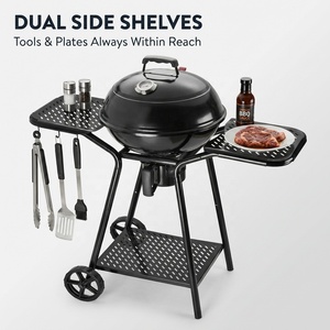 Wholesale Outdoor <b>Trolley</b> Charcoal Kettle Grill with Dual Side Shelves & Wheels Porcelain Enamel <b>BBQ</b> Grill for Backyard Camping - Product Image 3