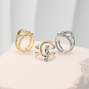 Moon And <b>Cat</b> Open <b>Ring</b> Adjustable Women's Fashion Jewelry Gift For Her Silver Gold Tone - Product Image 4