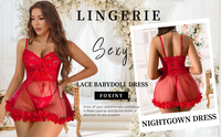 Wanita 2 buah Lingerie jaring renda Set gaun Babydoll seksi dengan pakaian dalam tali tembus pandang untuk acara intim cocok nyaman