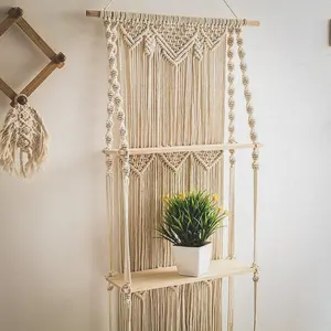 Boho prateleira de parede 3-tier, prateleira de madeira feita à mão em algodão para decoração de casa, sala de estar, macrame