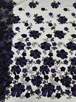 Dentelle brodée 3D florale lourde, noire et violet foncé, avec perles et sequins, en maille, vendue au mètre, plusieurs couleurs, livraison rapide