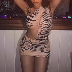 Irregular Hollow Design <strong>Dress</strong> Woman <strong>Tiger</strong> Stripe Print Skew Collar Backless Sleeveless Sexy Mini Bodycon <strong>Dress</strong> - Product Image 1