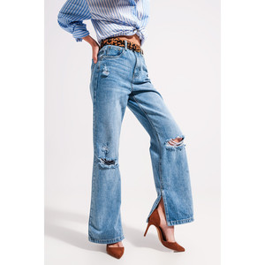 Jeans de Cintura Alta con Abertura en el Bajo en Lavado Vintage - Product Image 1