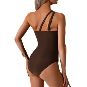Traje de baño de una pieza para mujer, traje de baño elástico asimétrico con un solo hombro para nadar y deportes acuáticos - Product Image 5