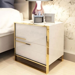 Luxury Contemporary Wooden Panel MDF <strong>High</strong> Gloss Gold Stainless Steel 2 Drawer Nightstand <strong>Bedside</strong> <strong>Table</strong> for Hotel Bedroom - Product Image 2