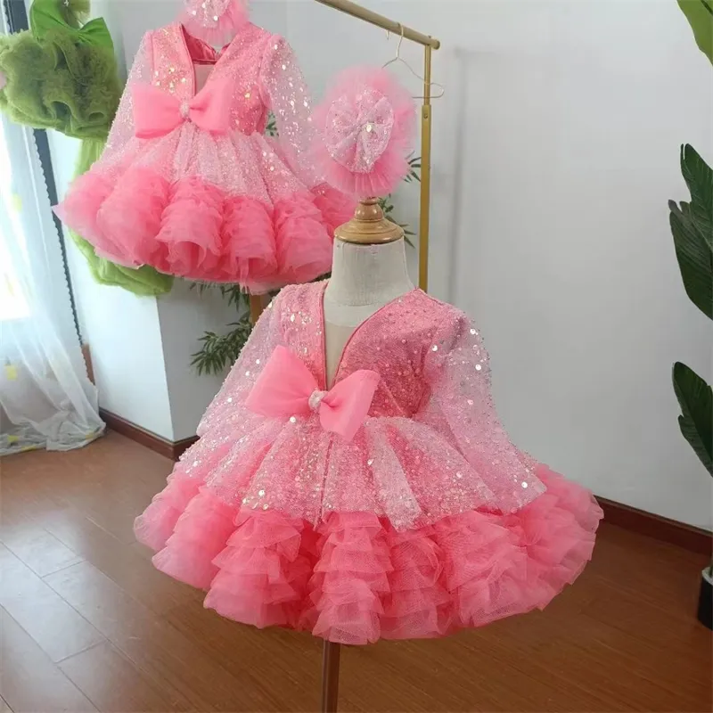 Hot Sell Toddler Baby Girls Birthday Party Formal Puffy Dress Princess Long Sleeve Glitter Prom Gown Kids Pink Bow Evening Dress