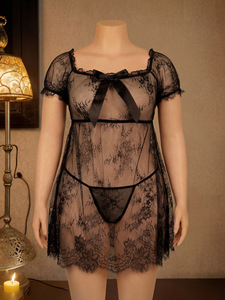SMOOTH Camicia da Notte Trasparente in Rete Plus Size con Pizzo e Fiocco Ricamo Rosa Lingerie Erotica - Product Image 5