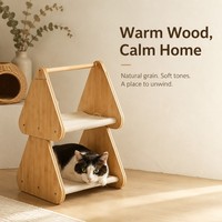 Arbre à chat à deux niveaux en bambou naturel, lit hamac moderne à double couche pour chat, support d'escalade pour chat d'intérieur