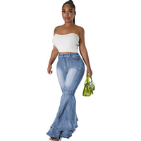 Pantalon en jean bleu large et évasé pour femme, délavé et extensible, vente en gros