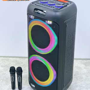 双8英寸卡拉OK蓝牙音箱，带RGB灯、无线麦克风和万向轮 - Product Image 1
