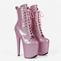 Chaussures de pole dance à lacets en dentelle rose scintillante de 20 cm (8 pouces) - Talons de strip-teaseuse pour spectacle de nuit en boîte de nuit - Danseuse exotique