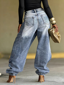 Pantalones <span class=keywords><strong>Vaqueros</strong></span> de Pierna Ancha de Corte Recto y Cintura Media, Lavados, Estilo Urbano, con Parches Asimétricos, <span class=keywords><strong>Vaqueros</strong></span> Casuales para <span class=keywords><strong>Mujer</strong></span> - Product Image 2