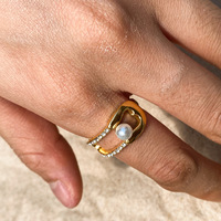 Mode Anneaux Bijoux Femmes Base En Acier Inoxydable 18k Plaqué Or Perle Anneau Pin Forme Clair Zircon Cristal Anneau