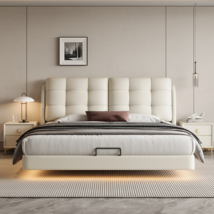 Tempat tidur mengambang berlapis kain Queen Modern dengan sistem lampu LED, rangka tempat tidur Platform mewah dan Set furnitur kamar tidur yang nyaman - Product Image 1