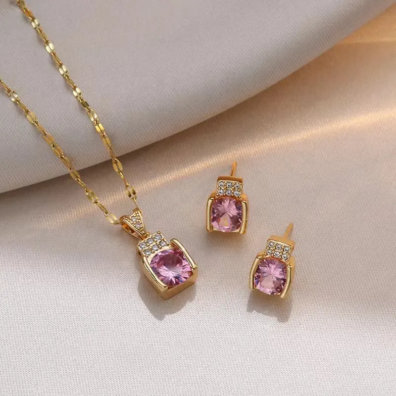 Colar de aço inoxidável conjunto de brincos de zircônia rosa feminino coreano luz luxo celebridade mesmo estilo floresta corrente de clavícula