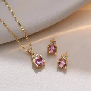 Stainless Steel Necklace Women's Pink Zircon Set Earrings Korean Light Luxury Celebrity Same Style Forest Style Collarbone Chain