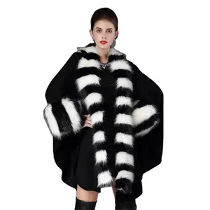 Mantel panjang pesta wanita, Luaran kardigan rajutan kerah bulu rakun imitasi hitam putih musim dingin untuk perempuan