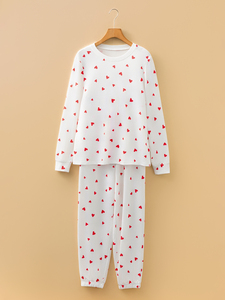 Conjunto de Pijama de San Valentín para Mujer Dear-Lover al por Mayor, Top de Manga Larga con Estampado de Corazones Rojos Pequeños y Pantalones de Salón con Cordón - Product Image 3